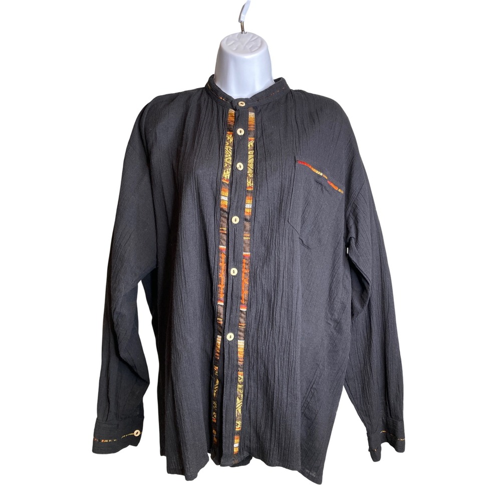 Global Womens Black Long Sleeve Band Collar Ethnic Tunic Top Sz 46 XXL Boho